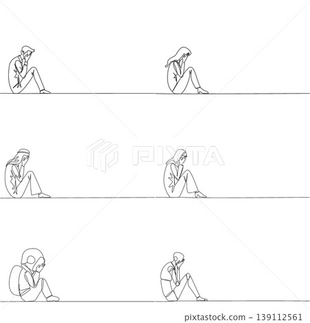 Set of continuous line drawing featuring a man, woman, Arabian, astronaut, and robot sitting on the floor looking depressed. Powerful mental health concept designed for psychology magazine cover page Set of continuous line drawing featuring a man, woman, Arabian, astronaut, and robot sitting on the floor looking depressed. Powerful mental health concept designed for psychology magazine cover page 139112561