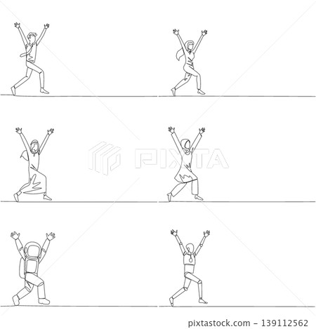 Set of single line drawing of a happy man, woman, Arab, astronaut, and robot running with raised arms. This great success concept is highly suitable for an inspiring marathon event poster print. Set of single line drawing of a happy man, woman, Arab, astronaut, and robot running with raised arms. This great success concept is highly suitable for an inspiring marathon event poster print. 139112562