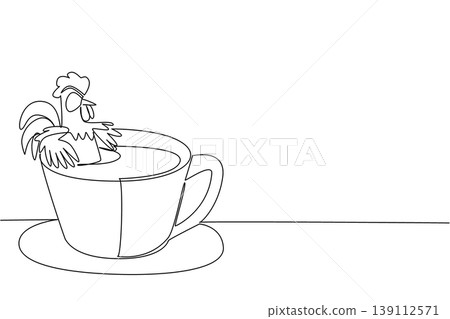 Single line drawing of adored rooster for farm industry concept shows cute animal soaking in coffee cup. Simple sketch fits an international morning day theme with the favorite chicken 139112571