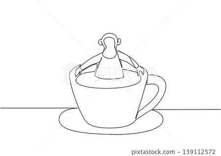 Continuous line drawing of chimpanzee shows cute animal soaking in coffee cup for nature concept. Unique design features primate for an international monkey day theme in art and kids coloring book Continuous line drawing of chimpanzee shows cute animal soaking in coffee cup for nature concept. Unique design features primate for an international monkey day theme in art and kids coloring book 139112572