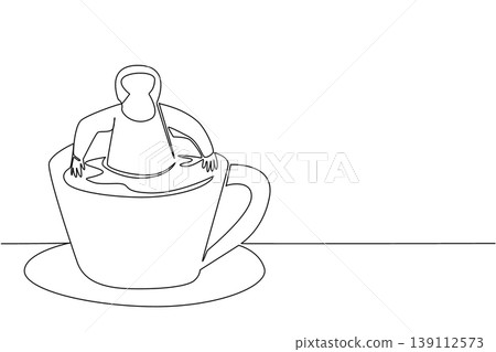 Continuous line drawing of cute orangutan depicts primate animal soaking in warm coffee cup for nature concept. Simple illustration fits an international coffee day theme for great ape lovers Continuous line drawing of cute orangutan depicts primate animal soaking in warm coffee cup for nature concept. Simple illustration fits an international coffee day theme for great ape lovers 139112573