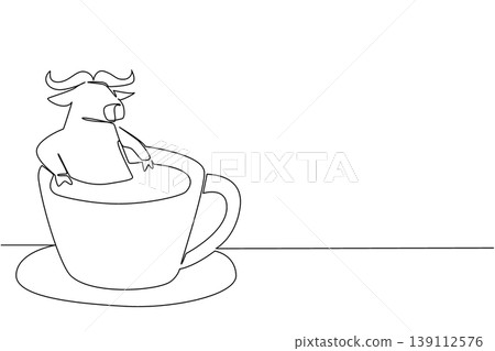 Continuous line drawing of strong buffalo shows cute animal soaking in hot coffee cup for nature concept. Unique design features the safari mammal for an international coffee day theme in minimalist Continuous line drawing of strong buffalo shows cute animal soaking in hot coffee cup for nature concept. Unique design features the safari mammal for an international coffee day theme in minimalist 139112576