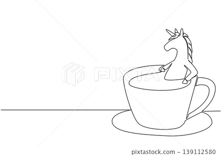 Single line drawing of adored unicorn for nature concept shows cute fairytale animal soaking in coffee cup. Simple sketch fits an international coffee day theme with the favorite mythical creature Single line drawing of adored unicorn for nature concept shows cute fairytale animal soaking in coffee cup. Simple sketch fits an international coffee day theme with the favorite mythical creature 139112580