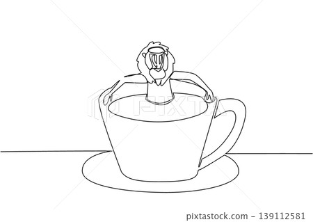 Continuous line drawing of mandrill shows cute animal soaking in coffee cup for nature concept. Unique design features the primate for an international monkey primate day theme in art 139112581