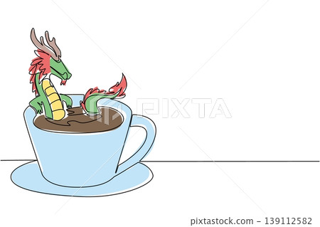 One line drawing of adorable dragon nature concept features cute animal soaking in coffee cup. Colorful graphic celebrates an international cafe day theme with the green Chinese mythical winged beast One line drawing of adorable dragon nature concept features cute animal soaking in coffee cup. Colorful graphic celebrates an international cafe day theme with the green Chinese mythical winged beast 139112582