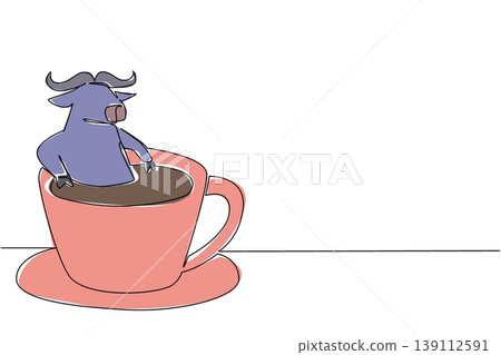 Single line drawing of dark mighty buffalo for nature concept features cute animal soaking in cup of warm coffee. Colorful art represents an international coffee day theme with playful safari mammal Single line drawing of dark mighty buffalo for nature concept features cute animal soaking in cup of warm coffee. Colorful art represents an international coffee day theme with playful safari mammal 139112591
