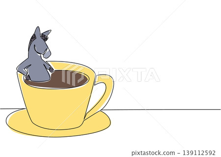 Single line drawing of adorable donkey for nature concept features cute animal soaking in warm coffee cup. Colorful graphic celebrates an international cafe day theme with the grey farm animal Single line drawing of adorable donkey for nature concept features cute animal soaking in warm coffee cup. Colorful graphic celebrates an international cafe day theme with the grey farm animal 139112592