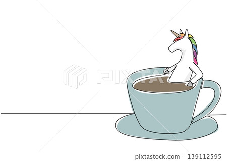 One line drawing of adorable unicorn features fantasy animal soaking in coffee cup for nature concept. Colorful fairytale horse art is ideal for an international coffee day theme and girl room decor One line drawing of adorable unicorn features fantasy animal soaking in coffee cup for nature concept. Colorful fairytale horse art is ideal for an international coffee day theme and girl room decor 139112595