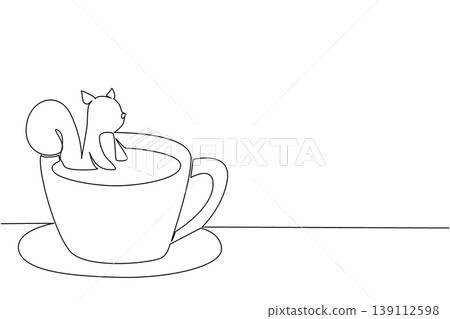 Continuous line drawing of cute squirrel depicts small animal soaking in a coffee cup for nature concept. Simple illustration fits an international wildlife day theme for rodent lovers Continuous line drawing of cute squirrel depicts small animal soaking in a coffee cup for nature concept. Simple illustration fits an international wildlife day theme for rodent lovers 139112598