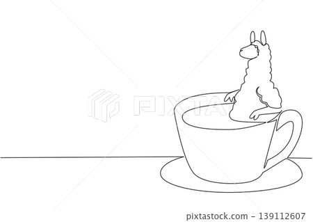 Single line drawing of fluffy cute alpaca features the wild animal soaking in warm coffee cup for nature concept. Minimalist design represents international coffee day theme for children events decor Single line drawing of fluffy cute alpaca features the wild animal soaking in warm coffee cup for nature concept. Minimalist design represents international coffee day theme for children events decor 139112607