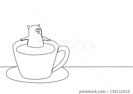Single line drawing of adored playful baby hamster for nature concept shows cute rodent animal soaking in coffee cup. Simple sketch fits international coffee day theme with favorite small mammal pet Single line drawing of adored playful baby hamster for nature concept shows cute rodent animal soaking in coffee cup. Simple sketch fits international coffee day theme with favorite small mammal pet 139112610