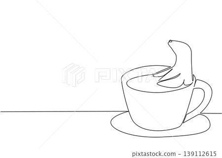 Single line drawing of playful sea lion shows cute animal soaking in hot coffee cup for nature concept. Unique design features the marine mammal for an international cafe day theme in minimalist 139112615
