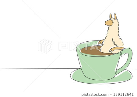 One line drawing of colorful charming alpaca depicts cute animal soaking in warm coffee cup for nature concept. White playful alpaca design celebrates international coffee day theme in whimsical style One line drawing of colorful charming alpaca depicts cute animal soaking in warm coffee cup for nature concept. White playful alpaca design celebrates international coffee day theme in whimsical style 139112641