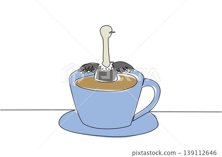One line drawing of colorful big bird ostrich depicts cute animal soaking in warm coffee cup for nature concept. Brown ostrich design celebrates an international coffee day theme in a whimsical style 139112646