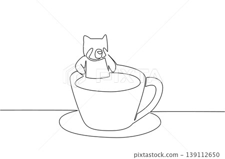 Continuous line drawing of cute red panda depicts small forest animal soaking in warm coffee cup for nature concept. Simple illustration fits an international coffee day theme for forest lovers Continuous line drawing of cute red panda depicts small forest animal soaking in warm coffee cup for nature concept. Simple illustration fits an international coffee day theme for forest lovers 139112650
