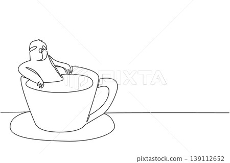 Single line drawing of adored sloth for nature concept shows cute animal soaking in warm coffee cup. Simple sketch fits an international coffee day theme with the favorite slow wild forest mammal Single line drawing of adored sloth for nature concept shows cute animal soaking in warm coffee cup. Simple sketch fits an international coffee day theme with the favorite slow wild forest mammal 139112652