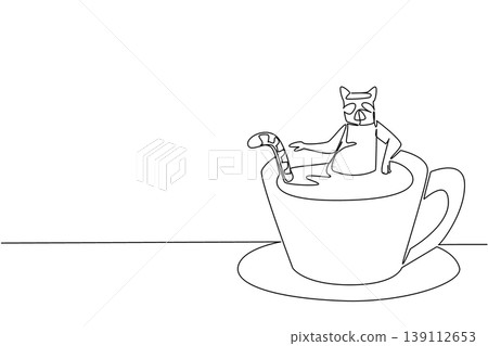 Continuous line drawing of playful lemur shows cute animal soaking in hot coffee cup for nature safari concept. Unique design features the charming primate for an international monkey day theme in art Continuous line drawing of playful lemur shows cute animal soaking in hot coffee cup for nature safari concept. Unique design features the charming primate for an international monkey day theme in art 139112653