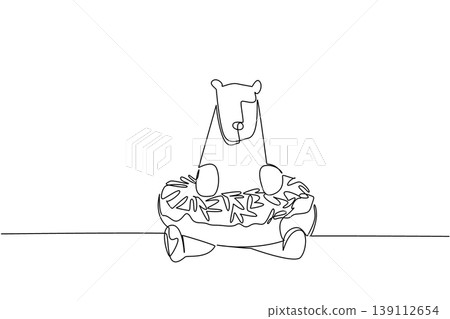 Continuous line drawing of polar bear shows cute arctic animal lying inside glazed donut for fancy pastry concept. Unique design features antarctica creature for an international food day theme in art Continuous line drawing of polar bear shows cute arctic animal lying inside glazed donut for fancy pastry concept. Unique design features antarctica creature for an international food day theme in art 139112654