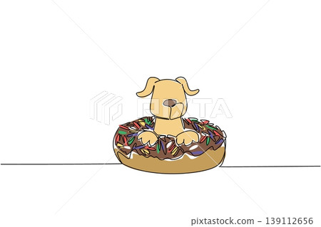 Single line drawing of playful cute animal shows brown dog lying inside sweet donut for unhealthy food concept. Colorful art is perfect for an international food day theme with an adorable pet mammal 139112656