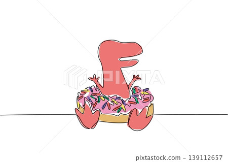 One line drawing of colorful charming dinosaur depicts cute animal sitting inside sweet donut for fun dessert concept. Red t rex design celebrates international food day theme in whimsical art style 139112657