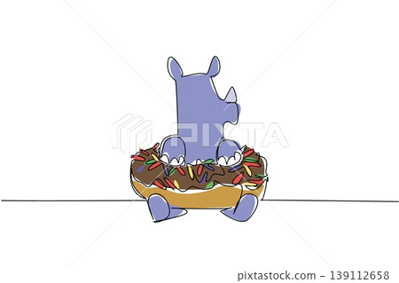 One line drawing of adorable purple rhinoceros features wild animal sitting inside sweet donut for an bakery industry concept. Colorful art is ideal for international food day theme and room decor One line drawing of adorable purple rhinoceros features wild animal sitting inside sweet donut for an bakery industry concept. Colorful art is ideal for international food day theme and room decor 139112658