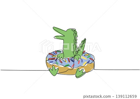 Single line drawing of charming green crocodile for sweet food concept features cute animal lying inside donut with glazing. Colorful art represents international food day with playful swamp reptile Single line drawing of charming green crocodile for sweet food concept features cute animal lying inside donut with glazing. Colorful art represents international food day with playful swamp reptile 139112659