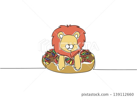 Single line drawing of adorable baby lion for sweet dessert concept features cute animal sitting inside donut. Colorful graphic celebrates international food day theme with the golden savanna cat Single line drawing of adorable baby lion for sweet dessert concept features cute animal sitting inside donut. Colorful graphic celebrates international food day theme with the golden savanna cat 139112660