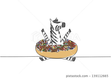 One line drawing of adorable zebra for nature concept features cute playful animal sitting inside sweet donut. Colorful graphic celebrates an international food day theme with the striped wild animal. One line drawing of adorable zebra for nature concept features cute playful animal sitting inside sweet donut. Colorful graphic celebrates an international food day theme with the striped wild animal. 139112665