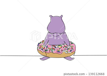 One line drawing of adorable giant purple hippopotamus features wild river animal sitting inside sweet donut for pastry concept. Colorful art is ideal for an international food day theme and decor 139112668