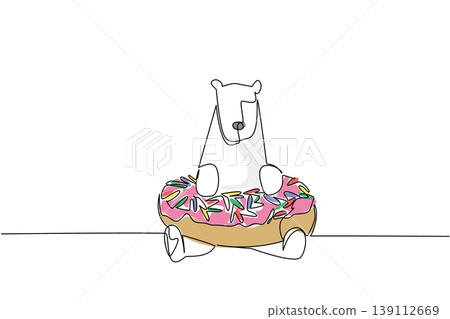 One line drawing of adorable white polar bear for fancy dessert concept features cute animal lying inside sweet donut. Colorful art represents international food day theme with a cute playful mammal One line drawing of adorable white polar bear for fancy dessert concept features cute animal lying inside sweet donut. Colorful art represents international food day theme with a cute playful mammal 139112669