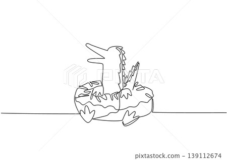 Continuous line drawing of playful crocodile shows cute animal lying inside donut with sprinkle for dessert concept. Unique design features swamp reptile for an international food day in minimalist Continuous line drawing of playful crocodile shows cute animal lying inside donut with sprinkle for dessert concept. Unique design features swamp reptile for an international food day in minimalist 139112674