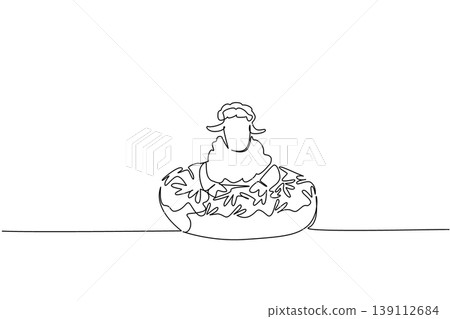 Single line drawing of cute sheep features the fluffy animal sitting inside glazed donut for fancy pastry concept. Minimalist design represents international food day theme for kids event decoration Single line drawing of cute sheep features the fluffy animal sitting inside glazed donut for fancy pastry concept. Minimalist design represents international food day theme for kids event decoration 139112684
