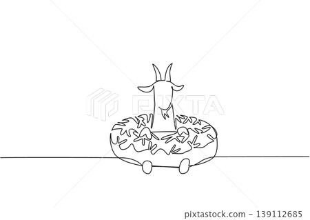 Single line drawing of adored goat for sweet dessert concept shows cute animal sitting inside fancy donut. Simple sketch fits an international food day theme with the playful farm mammal pet animal Single line drawing of adored goat for sweet dessert concept shows cute animal sitting inside fancy donut. Simple sketch fits an international food day theme with the playful farm mammal pet animal 139112685