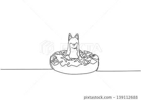 Single line drawing of cute playful fox depicts small rainforest animal sitting inside a donut for fancy pastry concept. Simple illustration fits international food day theme for forest animal lover 139112688