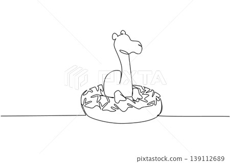 Single line drawing of cute camel features wild desert animal sitting inside glazed donut for sweet snack concept. Minimalist design represents international food day theme for kids event decoration Single line drawing of cute camel features wild desert animal sitting inside glazed donut for sweet snack concept. Minimalist design represents international food day theme for kids event decoration 139112689
