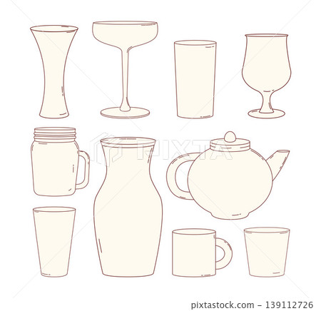 Glassware Line Art Collection with Empty Teapot Pitcher, Mason Jar, Kettle, Mug and Cocktail Glasses. Isolated Outline Hand Drawings. Vector Illustration Glassware Line Art Collection with Empty Teapot Pitcher, Mason Jar, Kettle, Mug and Cocktail Glasses. Isolated Outline Hand Drawings. Vector Illustration 139112726