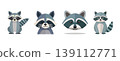 Set of four cute raccoon illustrations with striped tail forest animal baby animal flat design full body wildlife illustration character collection creature adorable charming whimsical 139112771