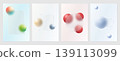 Set of four glassmorphism poster templates with translucent panels and gradient spheres 139113099