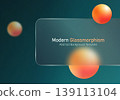 Dark glass morphism banner template with orange gradient spheres on teal background 139113104