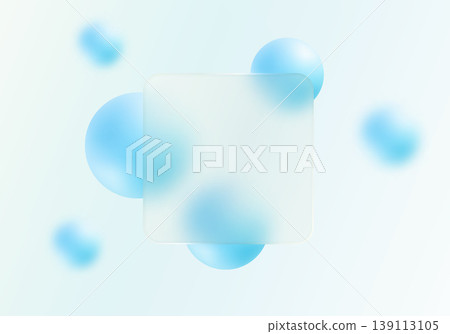 Glassmorphism square panel with blue gradient spheres on pale background Glassmorphism square panel with blue gradient spheres on pale background 139113105