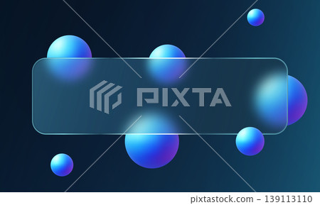 Dark glass morphism banner with blue violet gradient spheres on deep teal background 139113110