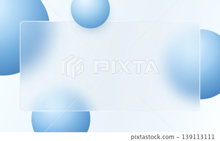 Blue glass morphism horizontal banner with translucent panel and gradient spheres 139113111