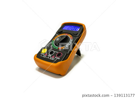 Professional digital multimeter tool for measuring voltage, current, and resistance. Essential equipment for electricians and electronic repairs, isolated on white. Professional digital multimeter tool for measuring voltage, current, and resistance. Essential equipment for electricians and electronic repairs, isolated on white. 139113177