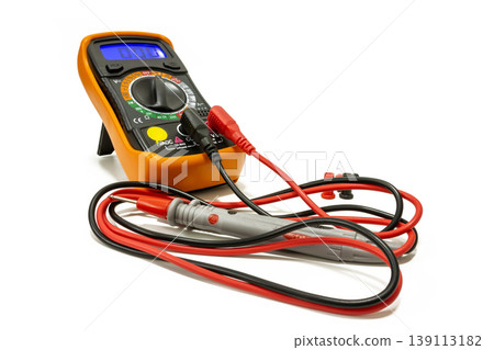 Professional digital multimeter featuring red and black test leads. Ideal for measuring voltage and resistance in electrical repairs, isolated on white. 139113182