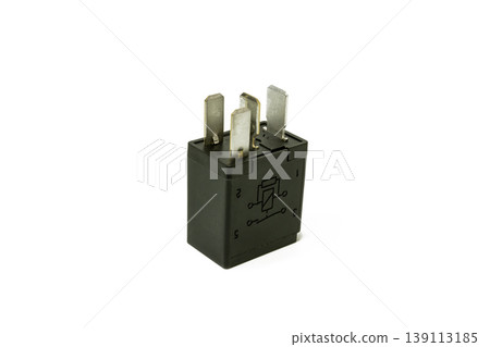 Close up of a black 4 pin universal automotive relay with circuit diagram, essential for vehicle electrical systems and DIY electronics. 139113185