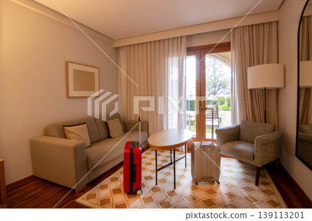 Red and silver trolley bags in a cozy lounge featuring a sofa, armchair, and natural light from a patio door. Red and silver trolley bags in a cozy lounge featuring a sofa, armchair, and natural light from a patio door. 139113201