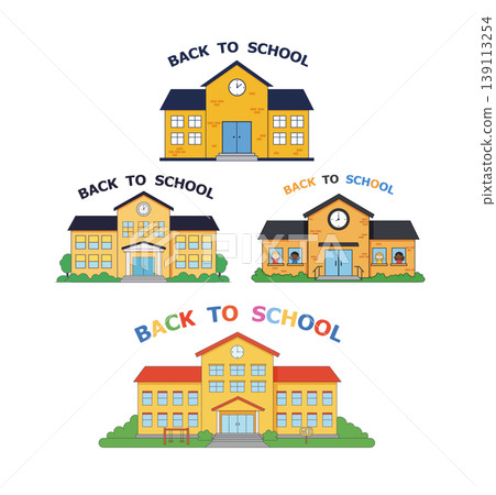 Back to School Illustration Collection with Yellow School Buildings and Clocks Back to School Illustration Collection with Yellow School Buildings and Clocks 139113254