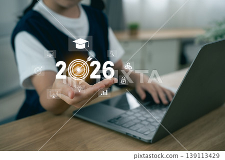 Young student using technology to explore future education opportunities and career prospects with digital icons representing learning and growth 139113429