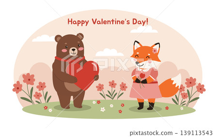Whimsical Valentines Day Card- Cartoon Bear Holding Heart and Fox with Flowers in Pastel Landscape Whimsical Valentines Day Card- Cartoon Bear Holding Heart and Fox with Flowers in Pastel Landscape 139113543