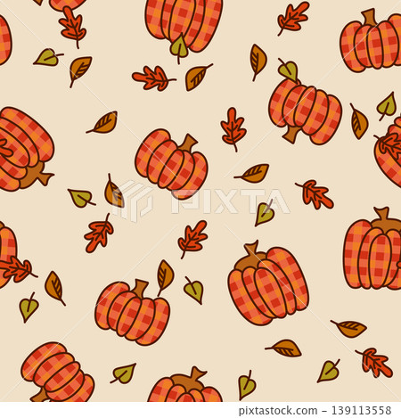 A seamless pattern featuring orange pumpkins and autumn leaves on a beige background. Vector illustration for fall-themed projects, seasonal wallpaper. Ideal for greetings cards, wrapping, banners A seamless pattern featuring orange pumpkins and autumn leaves on a beige background. Vector illustration for fall-themed projects, seasonal wallpaper. Ideal for greetings cards, wrapping, banners 139113558